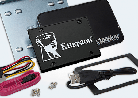 SSD KC600 Kingston dengan casing USB 3.0, kabel USB, serta mounting bracket untuk desktop