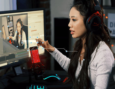 photo of a female influencer gamer, streaming playing video games.