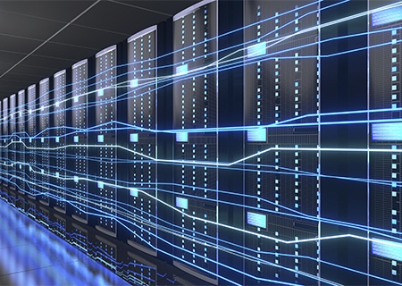 Renderización 3D de una sala de servidores con líneas que representan la rápida transferencia de datos