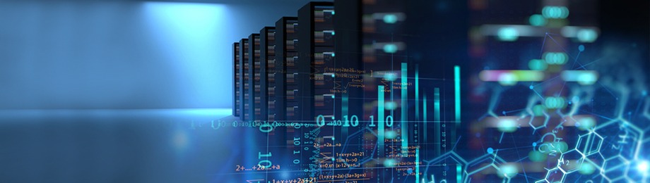 Immagine di rack server illuminati in blu con grafica raffigurante un computer in sovraimpressione