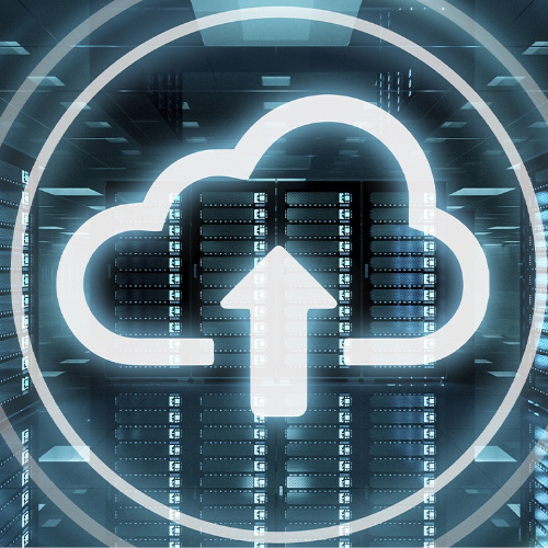 Cloud graphic with an up arrow with server racks in the background