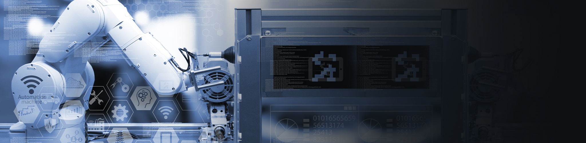 Automated robotic arm in a smart factory setting with industrial graphic signs in the foreground