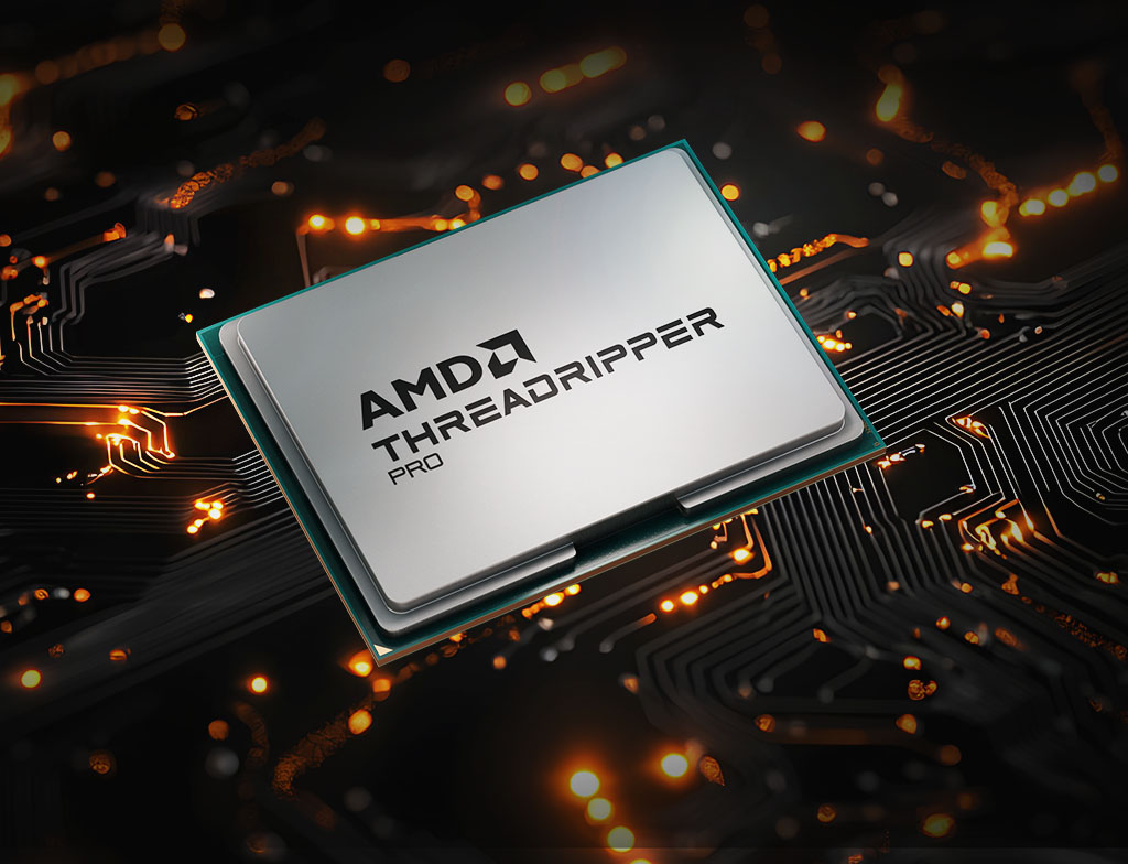 Una CPU AMD Ryzen Threadripper PRO su un PCB con linee traccianti luminescenti