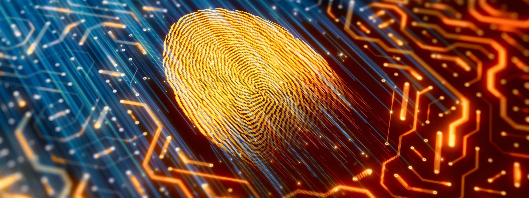 Un’impronta digitale illuminata in colore oro e scheda a circuiti stampati con sfondo scuro e circuiti iridescenti di colore arancione e blu