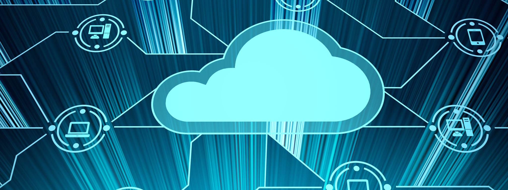 Computer-generated cloud graphic surrounded by device icons to represent desktop, laptop, and mobile devices