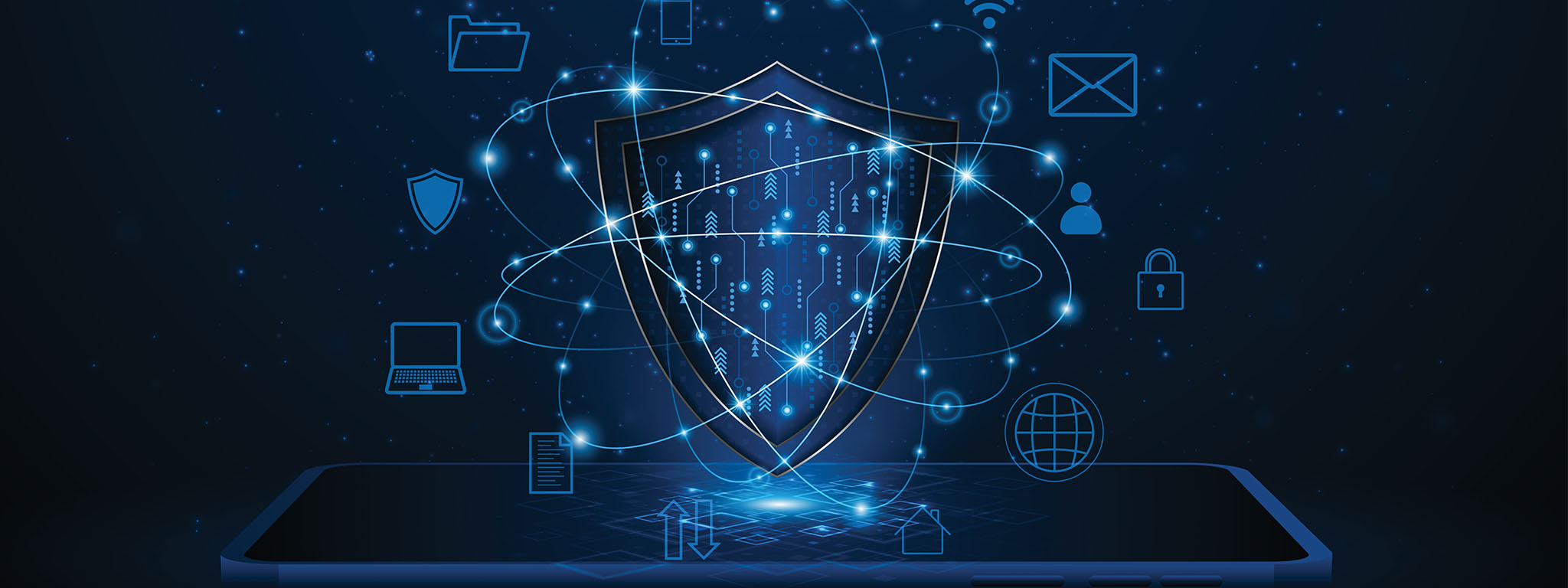 Um gráfico de escudo, rodeado de gráficos que significam tecnologia e comunicação segura.
