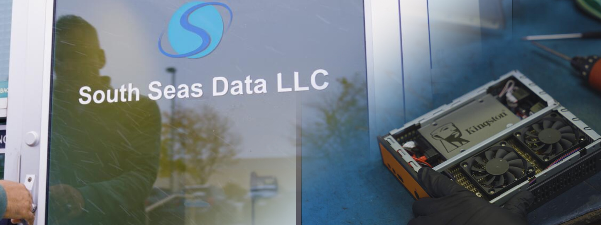 A porta da frente da sede da South Seas Data LLC, e uma imagem sobreposta de um sistema com destaque para um SSD Kingston.