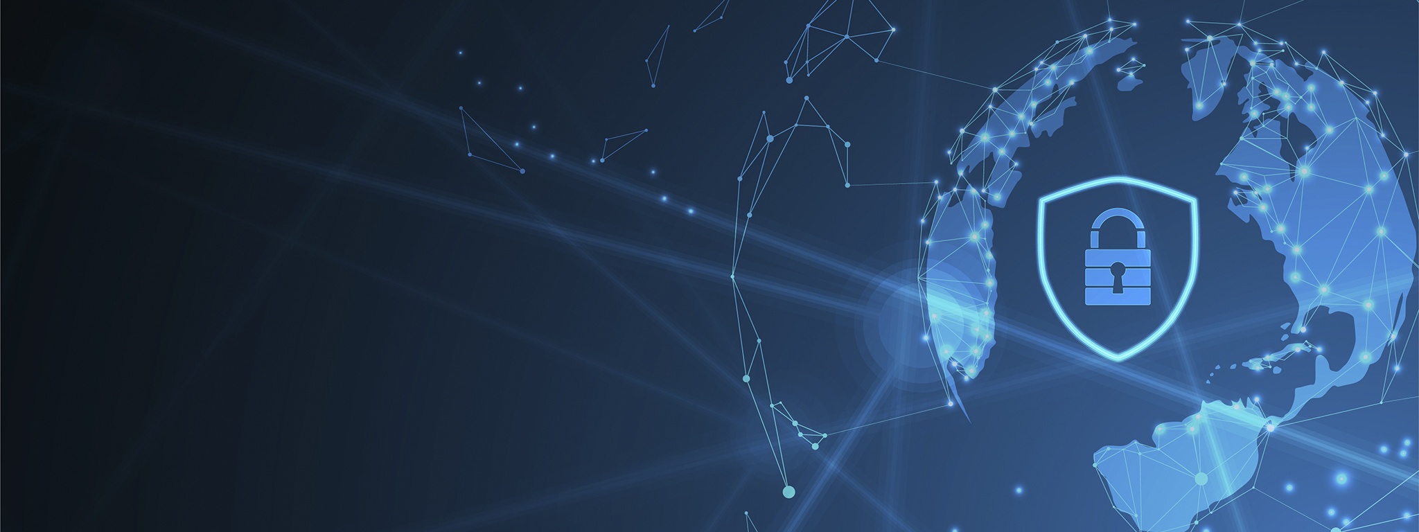 Ilustrasi jalur digital internet berwarna biru pada bola dunia dengan sebuah gembok dan perisai