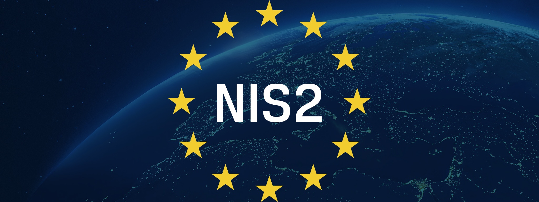 NIS2 in una bandiera dell'UE con le luci di una città europea dallo spazio sullo sfondo