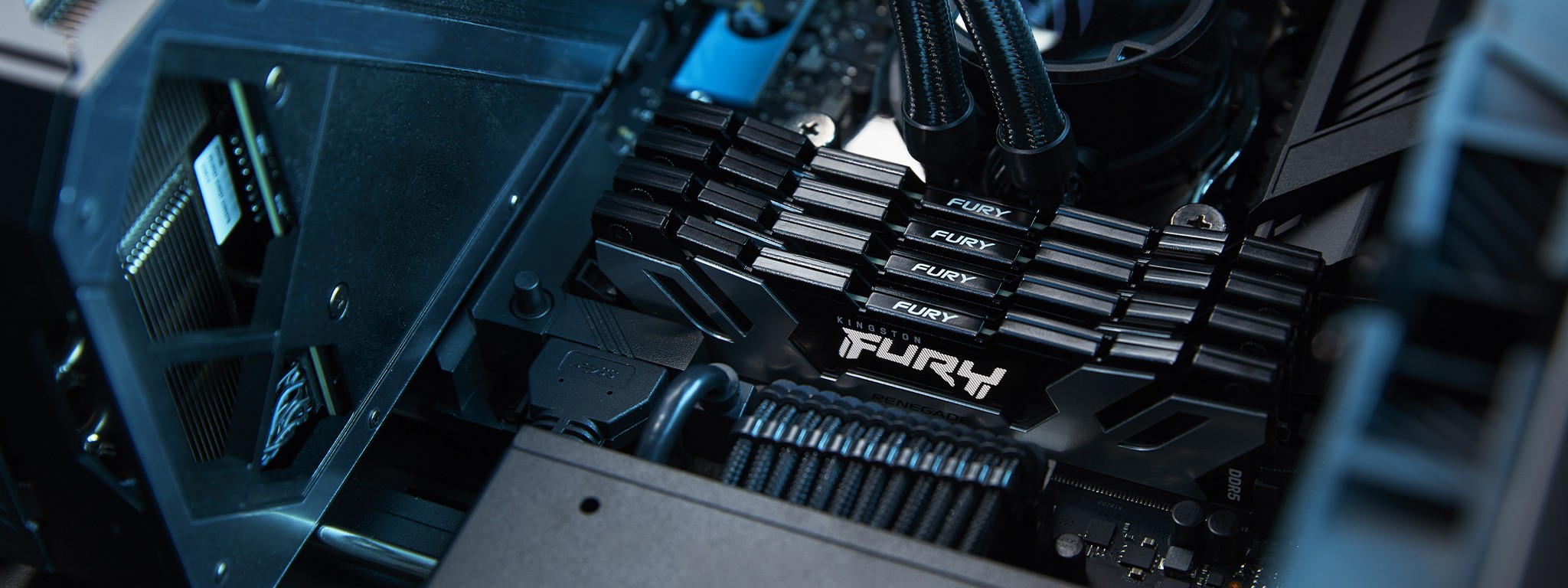 a close up shot of Kingston FURY Renegade DDR5 memory installed in a motherboard PC