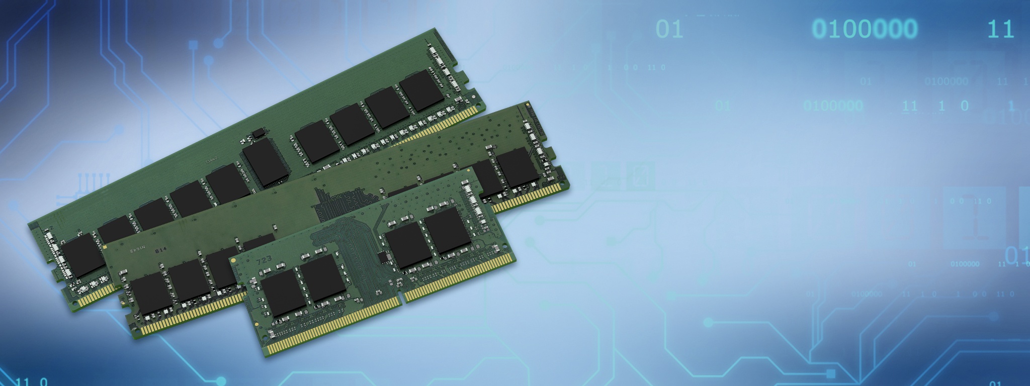 Модули памяти 16 Гбит для серверов, настольных систем и ноутбуков поверх изображения дорожек и микросхем печатной платы