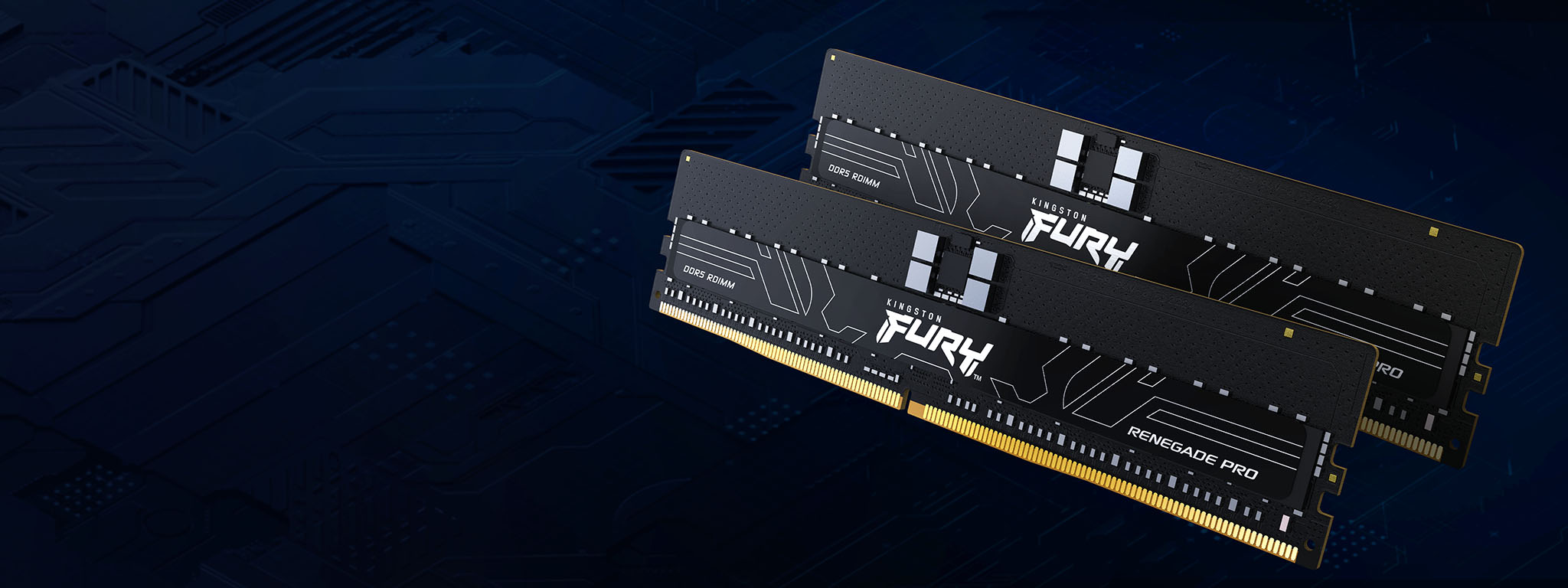 Sepasang modul memori Kingston FURY Renegade Pro DDR5 RDIMM diletakkan pada latar belakang hitam
