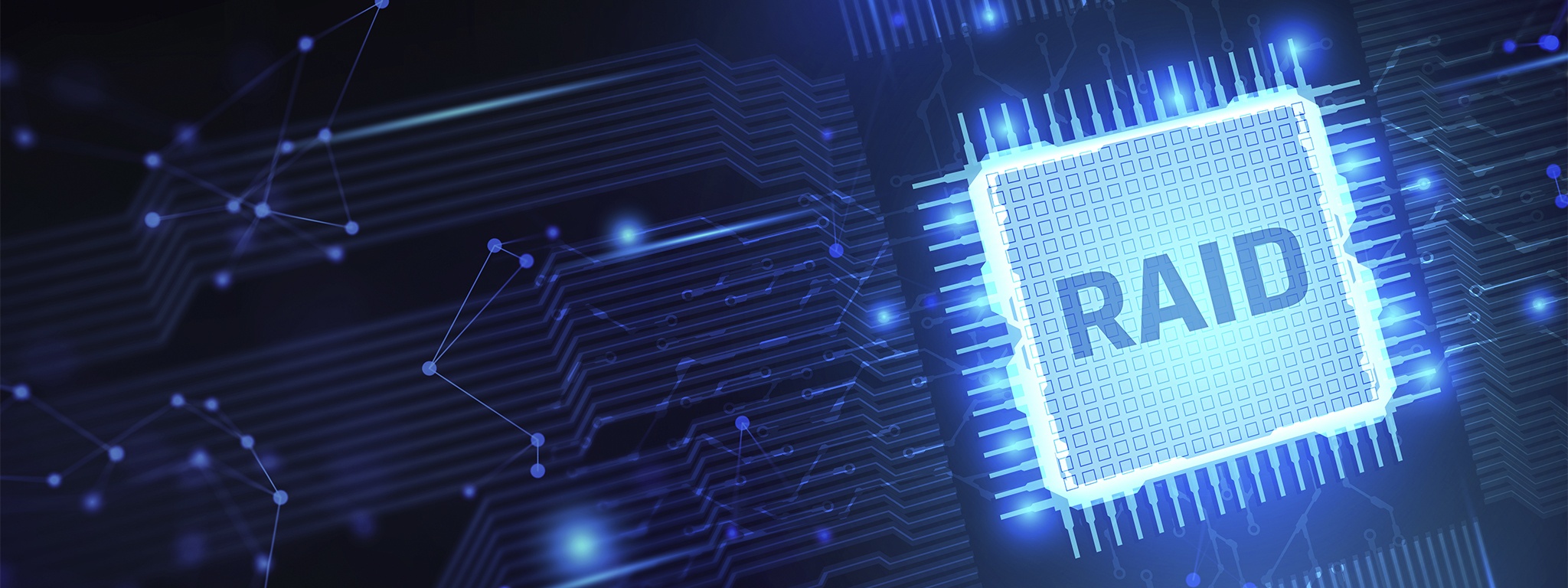 2D illustration for a microchip in a motherboard with blue circuit connections lines