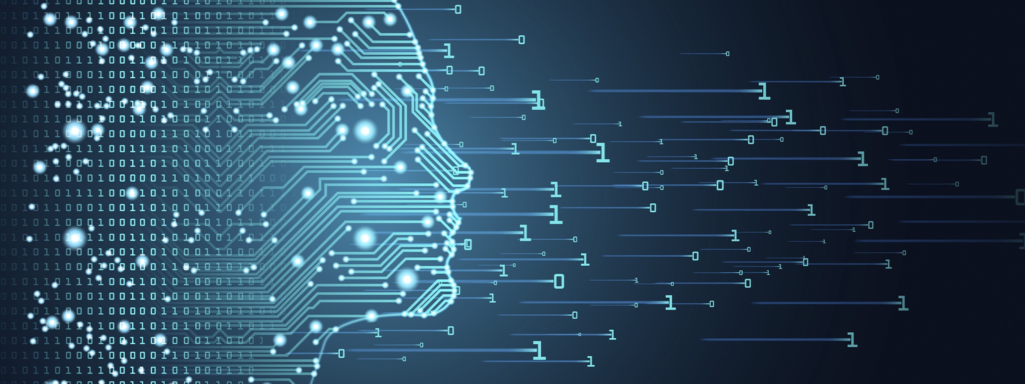 AI face outline with circuit board and binary code data flow on blue background