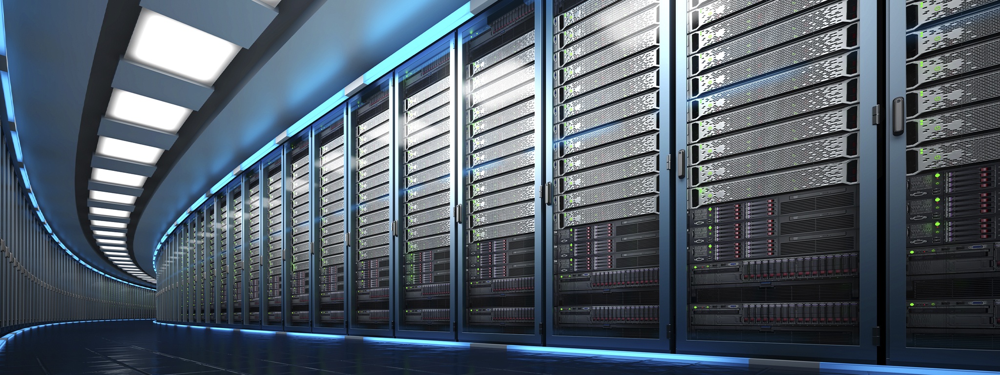 Rendering in 3D di un data center raffigurante una grande sala server con una lunga fila di unità server rack