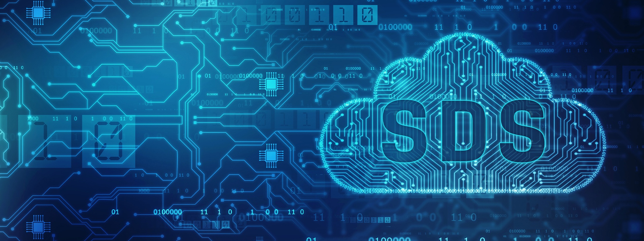 Контурное изображение облака с буквами SDS над рисунком дорожек и микросхем печатной платы