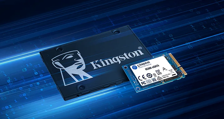 Deux SSD chiffrés Kingston avec des rayons bleus symbolisant le transfert de données à haute vitesse