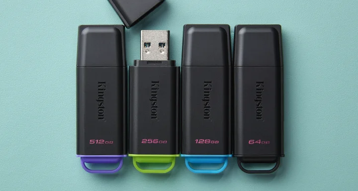 Four DataTraveler Exodia USB flash drives in multiple colors by capacity.