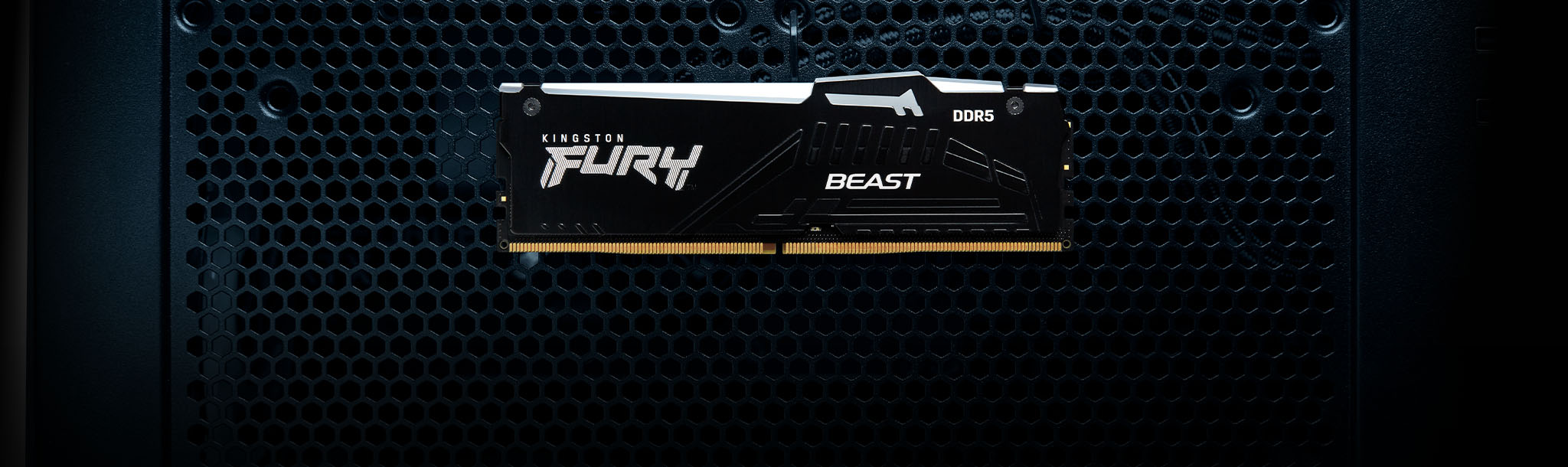 Modul memori Kingston FURY Beast DDR5 RGB pada motherboard komputer, dengan logo Tersertifikasi AMD Expo