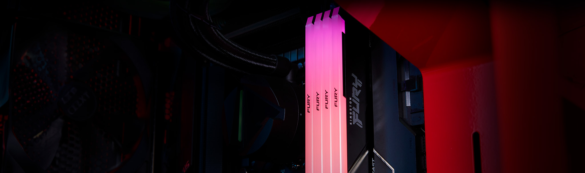 Renkli bir PC kasasında kırmızı-magenta renk geçişli biçimde parlayan dört Kingston FURY Beast DDR4 RGB modülü.