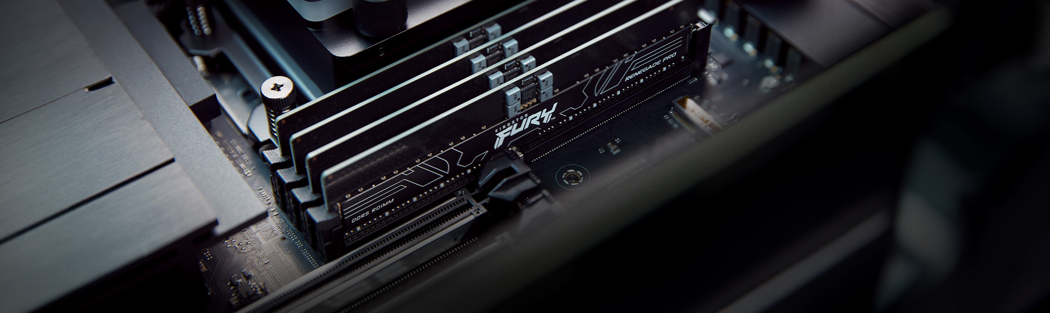 AMD EXPO logolu bir anakartta takılı Kingston FURY Renegade Pro DDR5 RDIMM modülü.