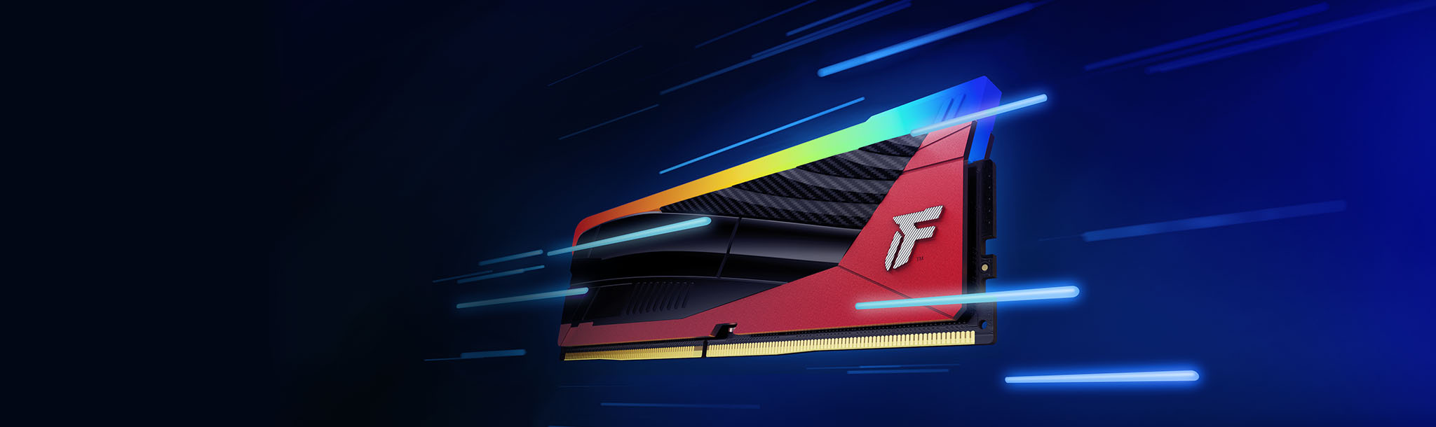 Modul Kingston FURY Renegade DDR5 RGB Limited Edition dikelilingi garis cahaya bergerak yang terlihat kabur sebagai simbol kecepatan