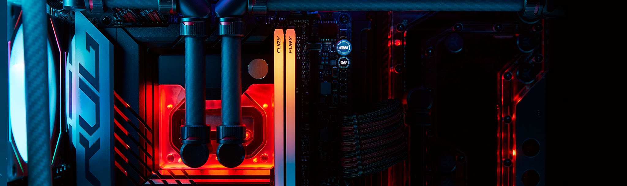Anakartta Kingston FURY Renegade DDR5 RGB Limited Edition modüllerinin lambaları yanıyor. Üzerine Intel XMP Cert logosu yansıtılmış.