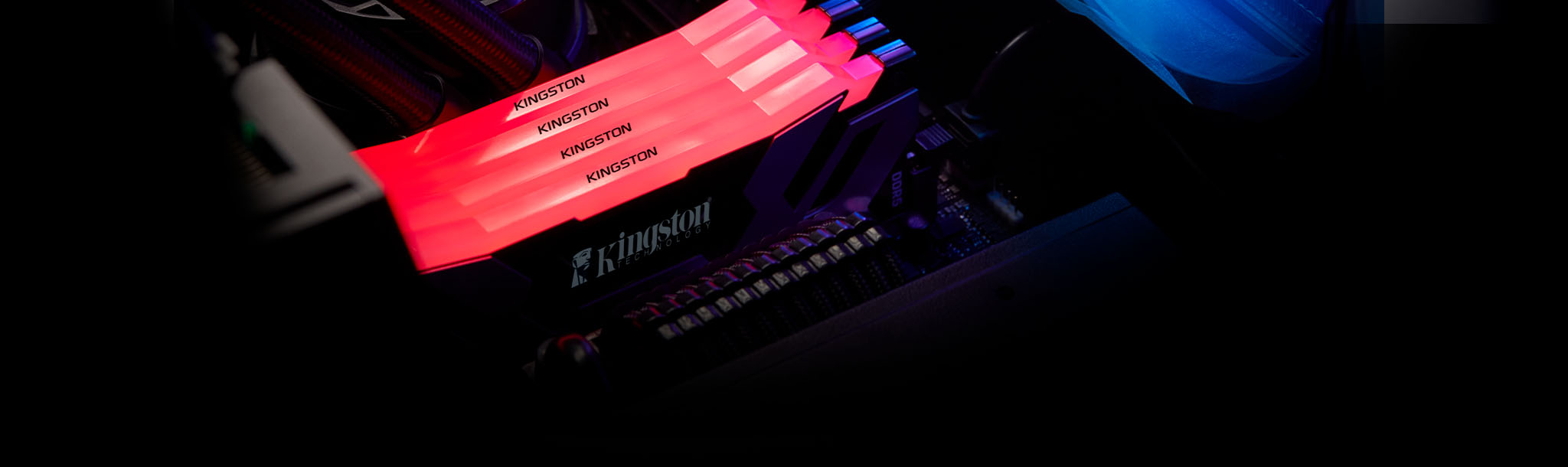 Anakartın içine monte edilmiş dört Kingston Renegade DDR5 RGB bellek modülü pembe renkte parlıyor