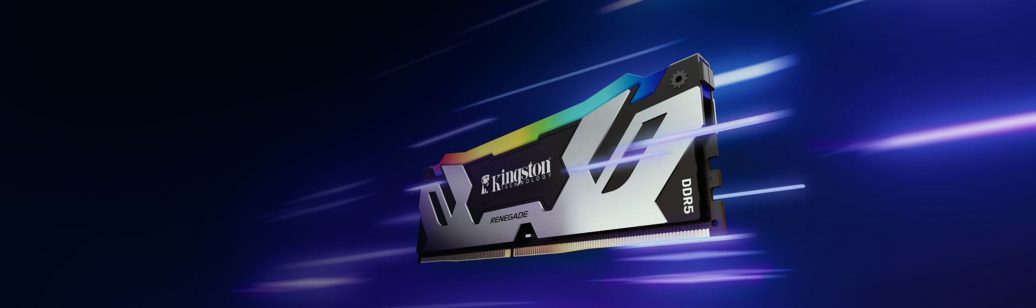 Tam renk spektrumunda bir Kingston Renegade DDR5 RGB bellek modülü uzayda uçuyor