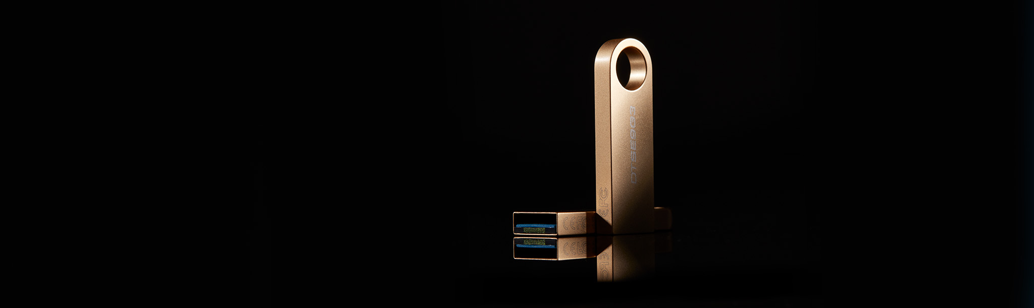 Detailed closeup of a gold DTSE9 G3 USB flash drive