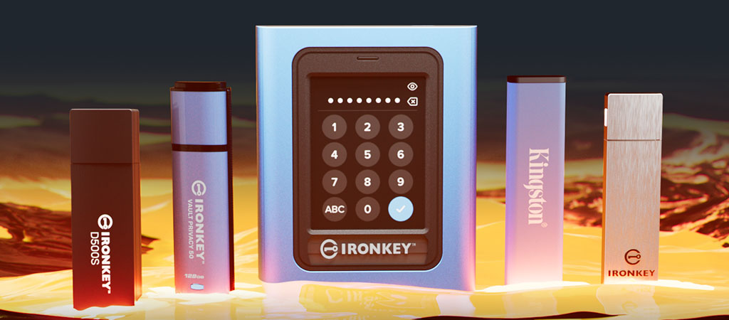 Family image of Kingston IronKey devices including encrypted USB drives and SSDs