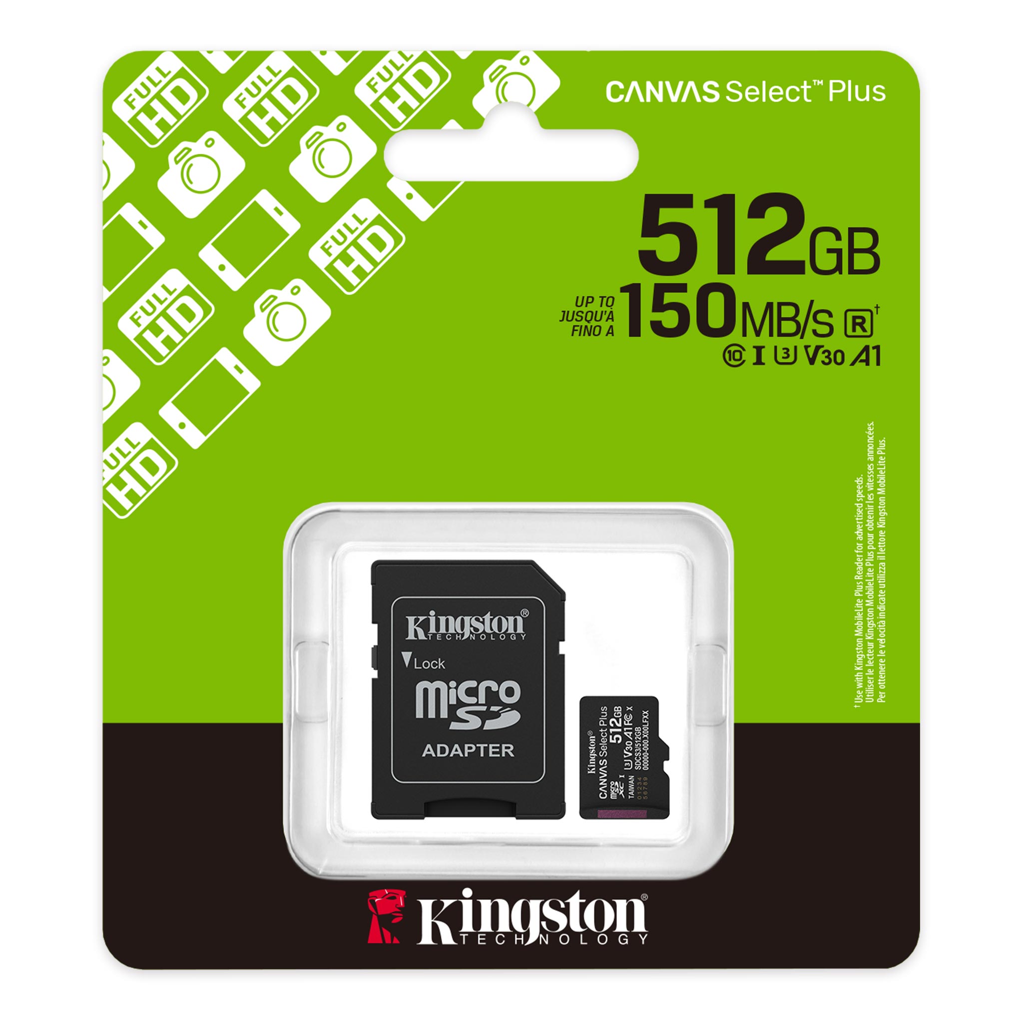 Memoria Micro SD 512GB Kingston Canvas Select Plus Class 10 150MB/s (SDCS3/512GB)