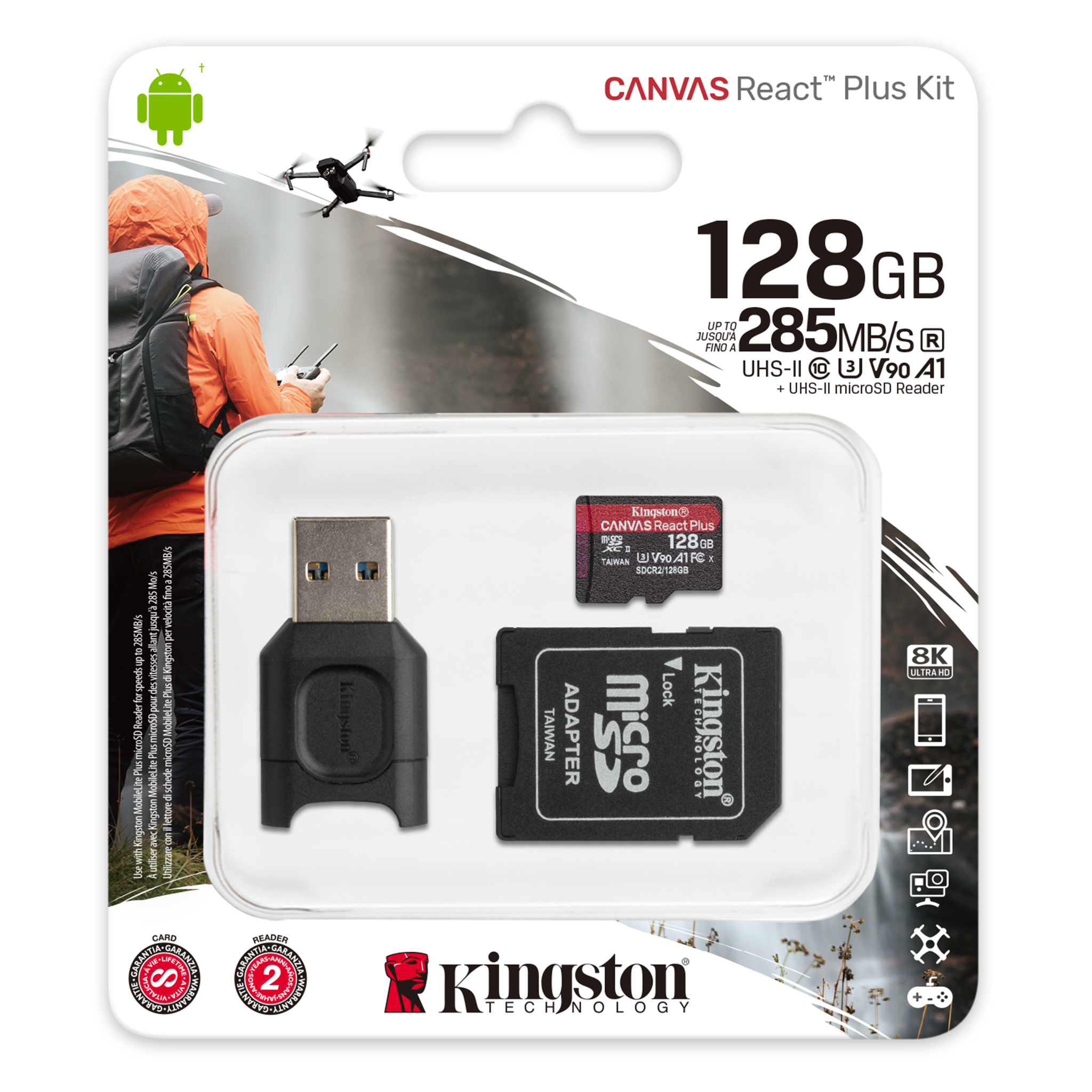 Kingston canvas react plus 128gb microSD tarjeta de memoria de 285mb/s clase 10 UHS-II
