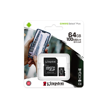 Kingston 64GB microSDHC Canvas Select Plus 100MB/s Read A1 Class 10 UHS-I Frustration Free Packaging Memory Card Adapter SDCS2/64GBET 