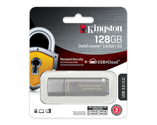 G3 Kingston Digital Traveler Locker 128GB DTLPG3/128GB USB 3.0 with Personal Data Security and Automatic Cloud Backup