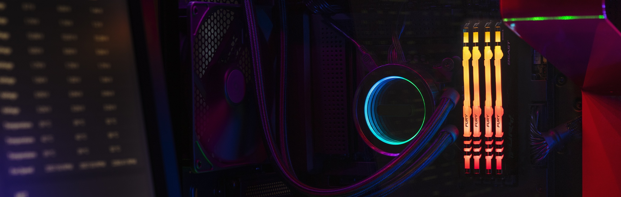 Kingston FURY Beast RGB com cooler para resfriamento da CPU e conexões à placa mãe com um monitor à esquerda com especificações do PC