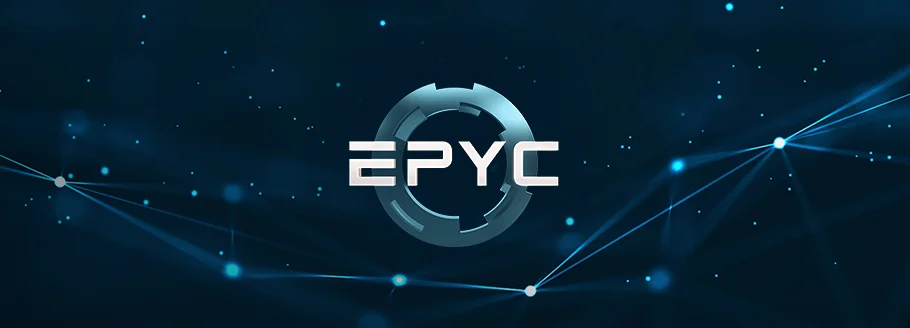 Simbolo di AMD EPYC di quinta generazione che fluttua su uno sfondo cosmico