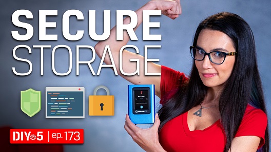 Trisha holding a IKVP80ES next to some graphics of a shield, a screen with code, and a padlock