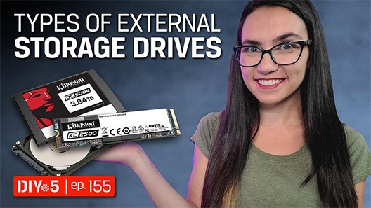 Trisha holding an HDD, SSD, and NVMe