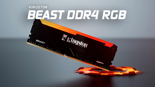 Bir Kingston Beast DDR4 RGB bellek modülü sarı ve turuncu renklerde parlıyor