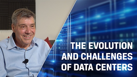 Simon Besteman on the left and a crop to a server room with blue lines indicating data running at high speed on the right