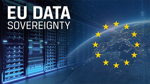 EU flag stars over a globe of Europe viewed from space, fading into a data center server aisle