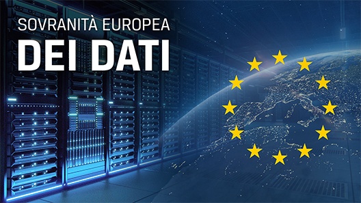 Stelle della bandiera UE sopra un globo dell'Europa visto dallo spazio, che sfuma in un corridoio di server di data center