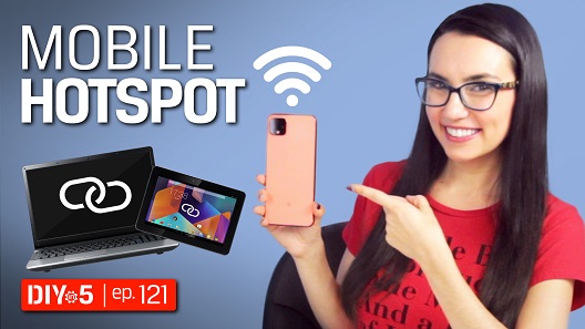 Trisha segurando um celular com o símbolo de Wi-Fi sobre ele próximo a dispositivos com o ícone de tethering móvel