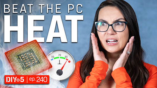 Trisha looking concerned with a temperature gauge and a smoking CPU