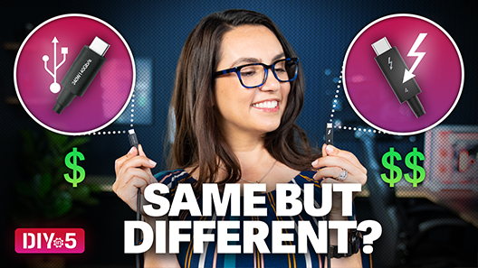 Trisha sosteniendo un cable USB4 en una mano y un cable Thunderbolt 4 en la otra.