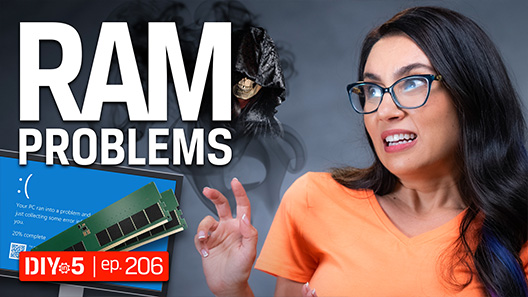 Trisha terlihat ketakutan pada beberapa modul memori dengan layar biru (BSOD) pada monitornya bersama gambar tengkorak hantu hitam.
