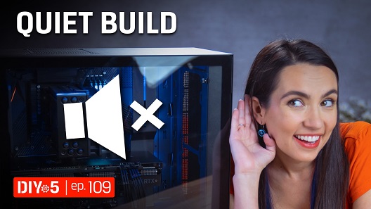 Trisha with her hand up to her ear next to a PC and a speaker icon with an X representing 0 volume