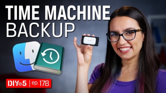 Trisha holding a XS2000 next to the MacOS and Time Machine icons