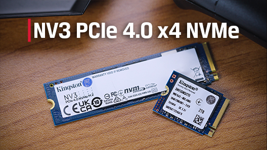 Kingston NV3 PCIe 4.0 NVMe SSDs Kingston NV3 SSDs in both 2280 and 2230 sizes on a black background